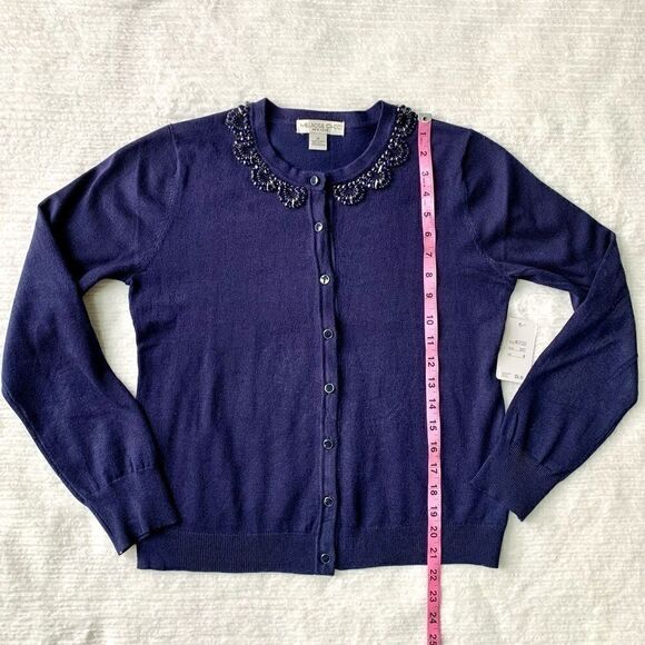 New Ladies Beaded Crewneck Cardigan In Navy - Picture 10 of 14